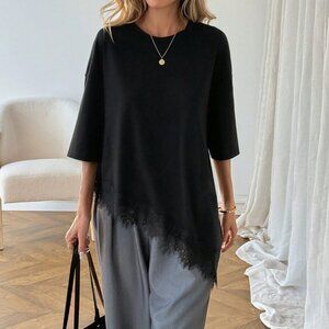 Black Casual Women's Asymmetrical Hem Lace Patchwork T-Shirt